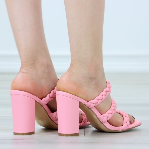 Pink Braded Straps Block High Heels Slip On Square Open Toe Heeled Summer Sandal - Picture 4 of 13